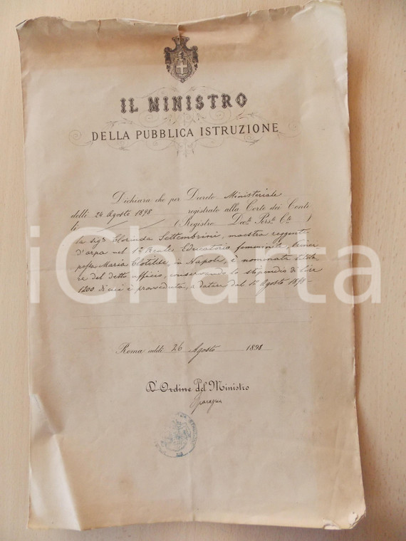 1898 NAPOLI Reale Educatorio femminile - Clorinda SETTEMBRINI maestra d'arpa