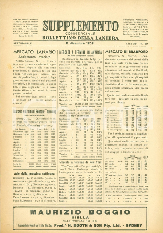 1959 BOLLETTINO LANIERA Dati su mercato estero lana *Pubblicazione