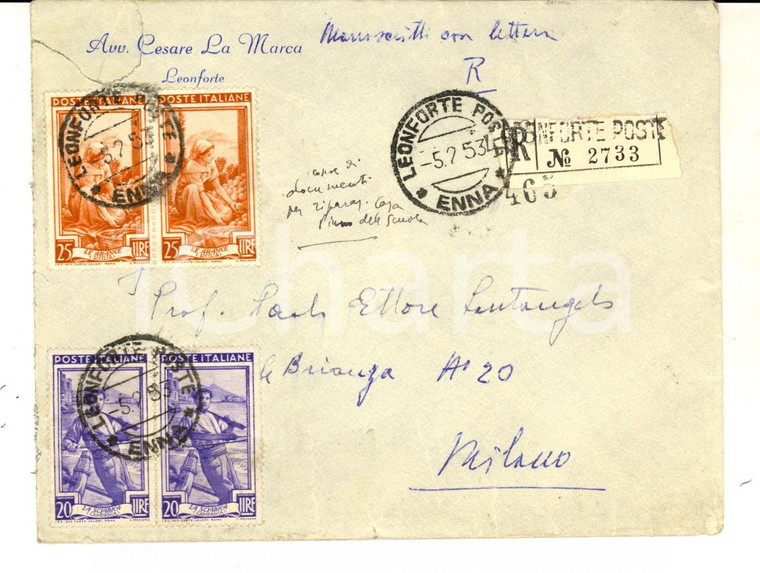 1953 STORIA POSTALE LEONFORTE Busta avv. Cesare LA MARCA *ITALIA AL LAVORO