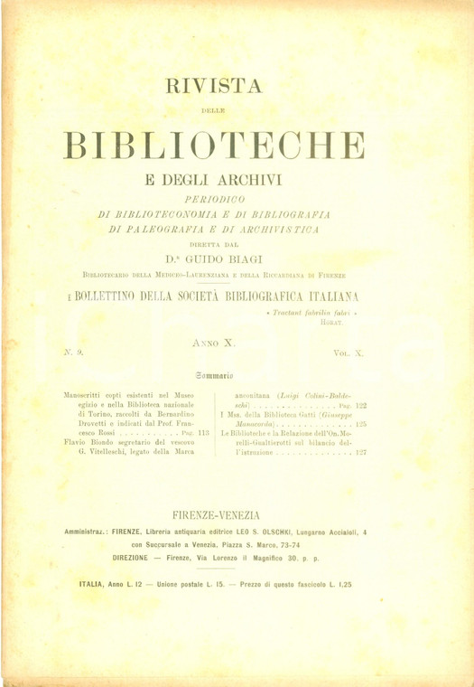 1899 RIVISTA BIBLIOTECHE ARCHIVI Manoscritti copti del MUSEO EGIZIO di TORINO