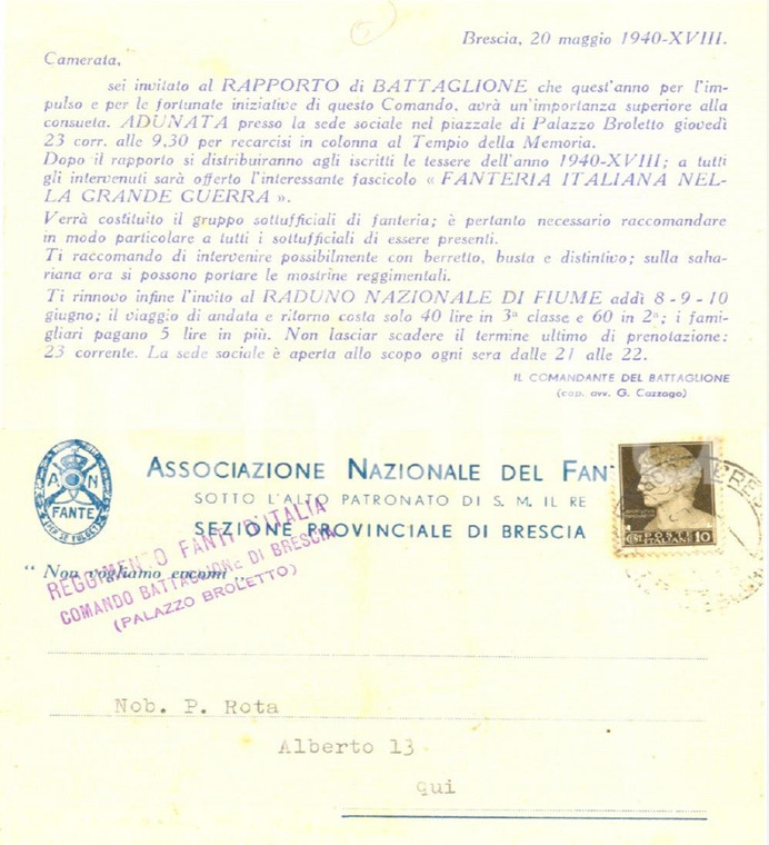 1940 BRESCIA Associazione Nazionale del Fante - Raduno battaglione Cartolina FP 