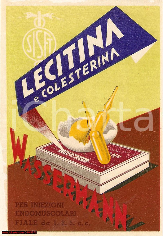 1940 ca WASSERMANN Etichetta lecitina e colesterina ILLUSTRATA