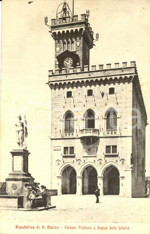 1910 REPUBBLICA SAN MARINO Palazzo pubblico e statua LIBERTA' *Cartolina FP VG