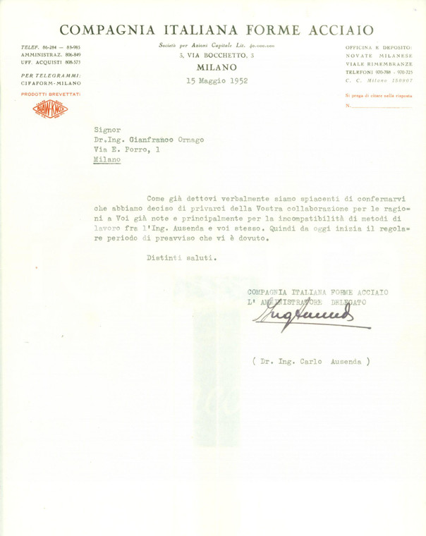 1952 MILANO Compagnia Italiana Forme Acciaio Carlo AUSENDA licenzia dipendente