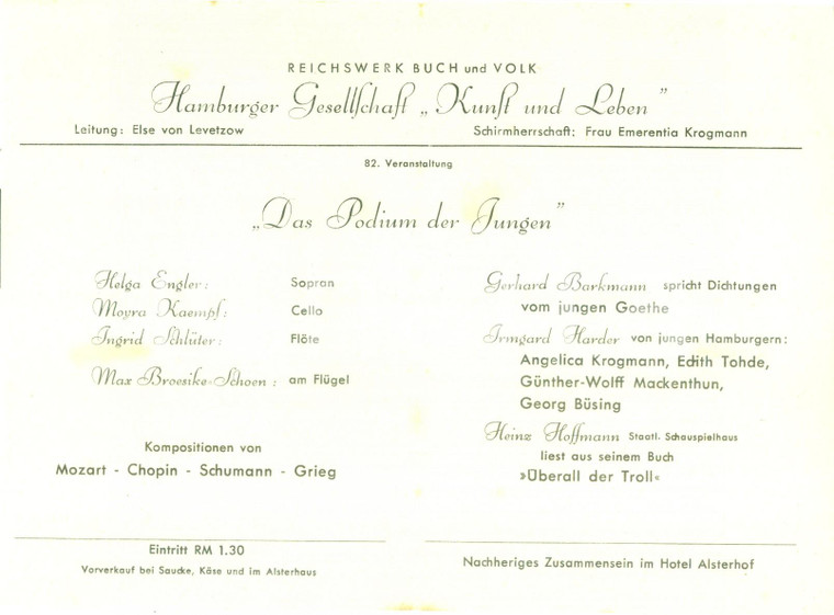 1941 HAMBURG (DE) Das Podium der Jungen Concerto diretto da Else VON LEVETZOW