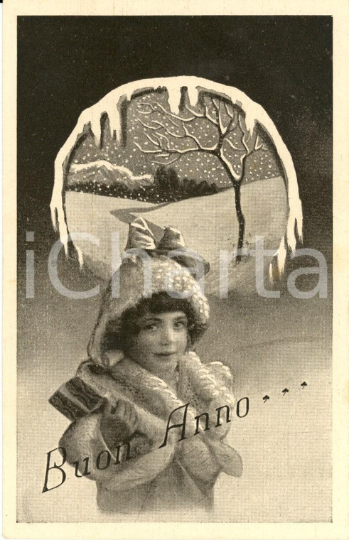 1927 BUON ANNO Bambina con berretto sotto la neve *Cartolina ANIMATA FP NV
