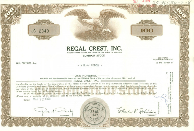 1969 FLORIDA Common Stock REGAL CREST INC. Certificato azionario per Vilma SKOCH