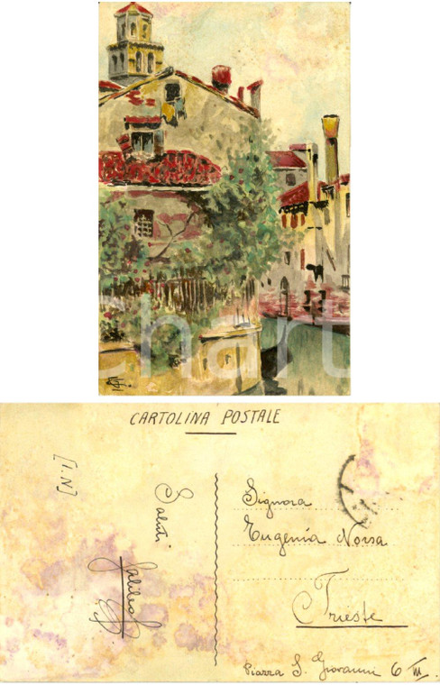 1930 ca VENEZIA Veduta con canale *Cartolina DISEGNATA A MANO per Eugenia NORSA