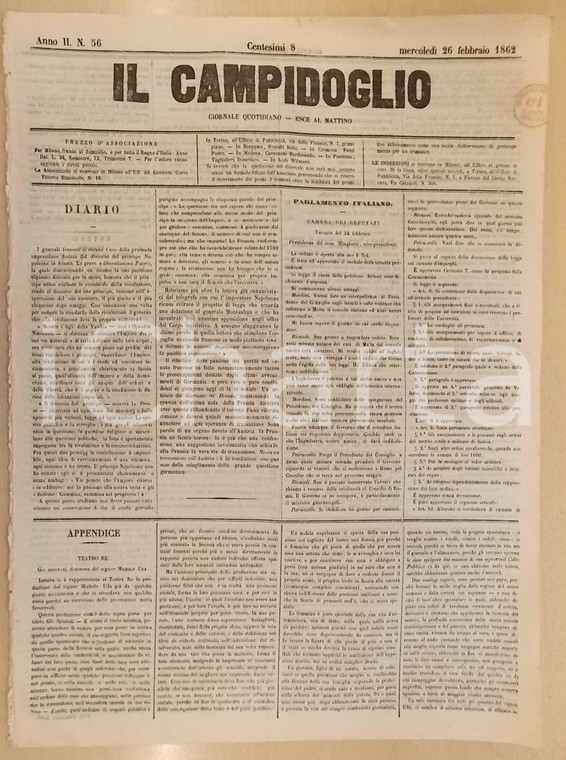 1862 MILANO Giornale IL CAMPIDOGLIO Nessuna transazione con l'AUSTRIA
