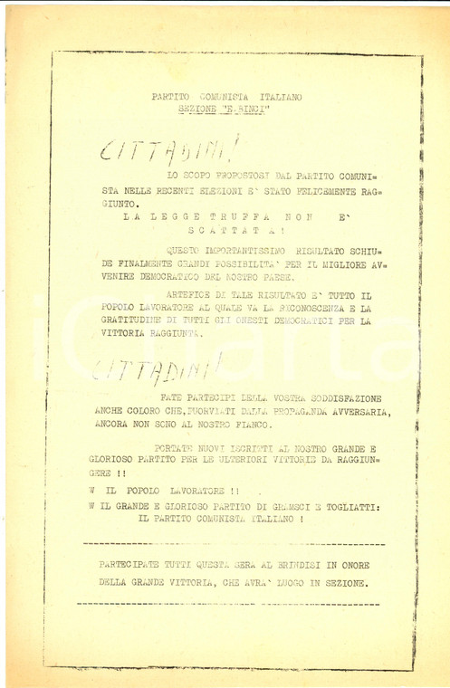 1953 GENOVA PROPAGANDA POLITICA PCI Festa Sezione BINCI sconfitta LEGGE TRUFFA