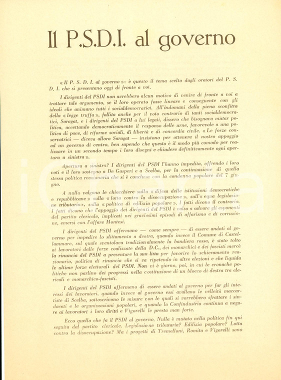 1953 PCI Propaganda politica PSDI vuole politica clericale e reazionaria