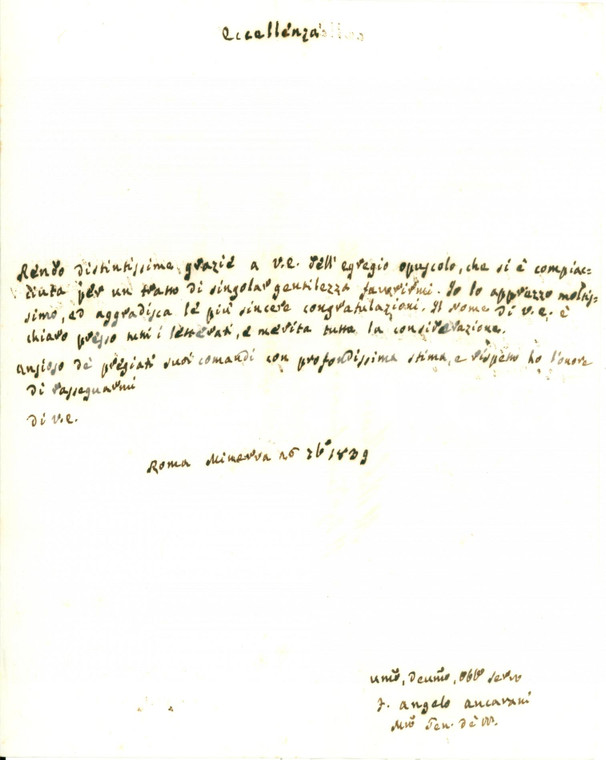 1839 ROMA Angelo ANCARANI ringrazia per invio di opuscolo *Lettera AUTOGRAFA