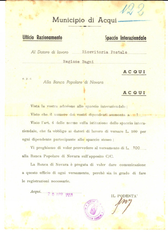 1944 WW2 ACQUI TERME Ufficio RAZIONAMENTO Adesione a spaccio interaziendale