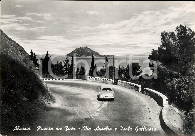 1955 ALASSIO (SV) Via AURELIA e Isola GALLINARA *Cartolina ANIMATA con auto VG