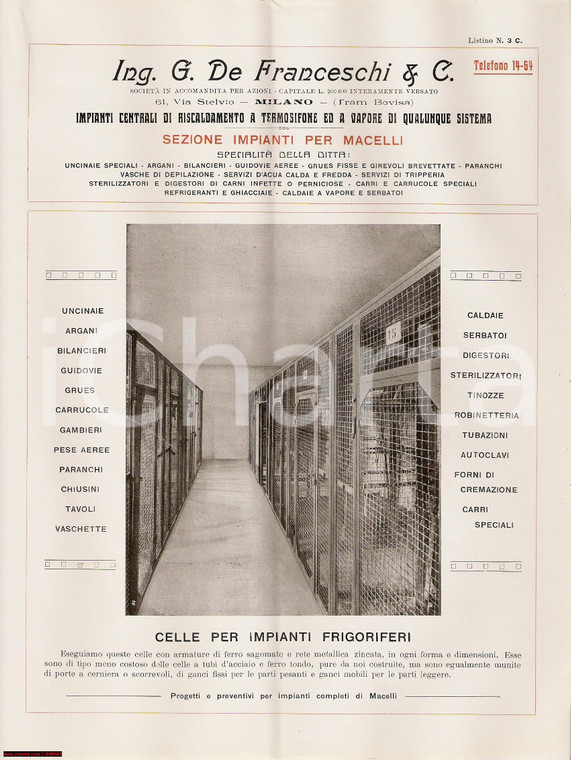 1930 ca MILANO Ing. DE FRANCESCHI Celle per impianti frigoriferi *Pubblicità
