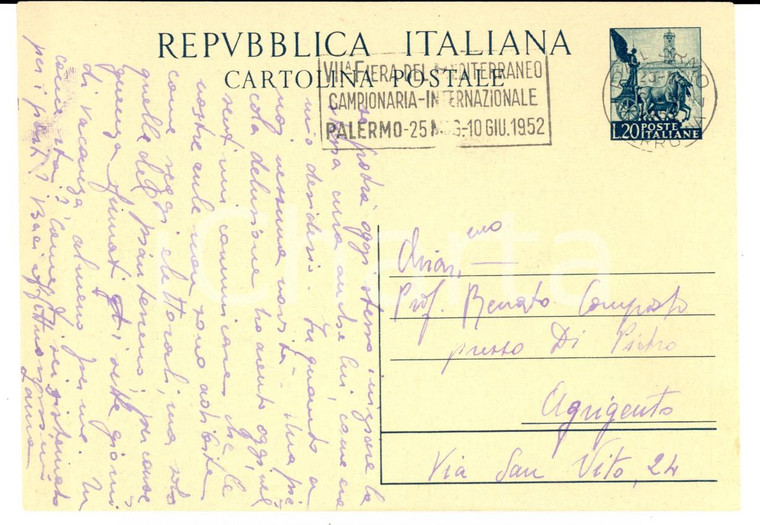 1952 PALERMO Laura MANFRINO al marito prof. Renato COMPOSTO *Cartolina FG