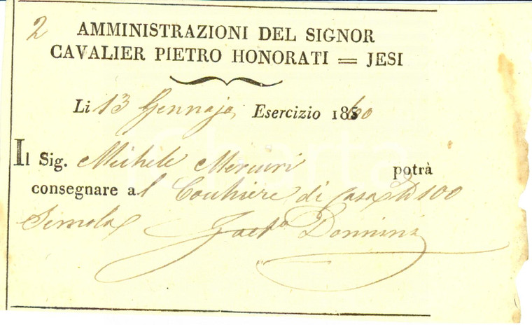 1860 JESI (AN) Amministrazione Pietro HONORATI Michele MERCURI paga cocchiere