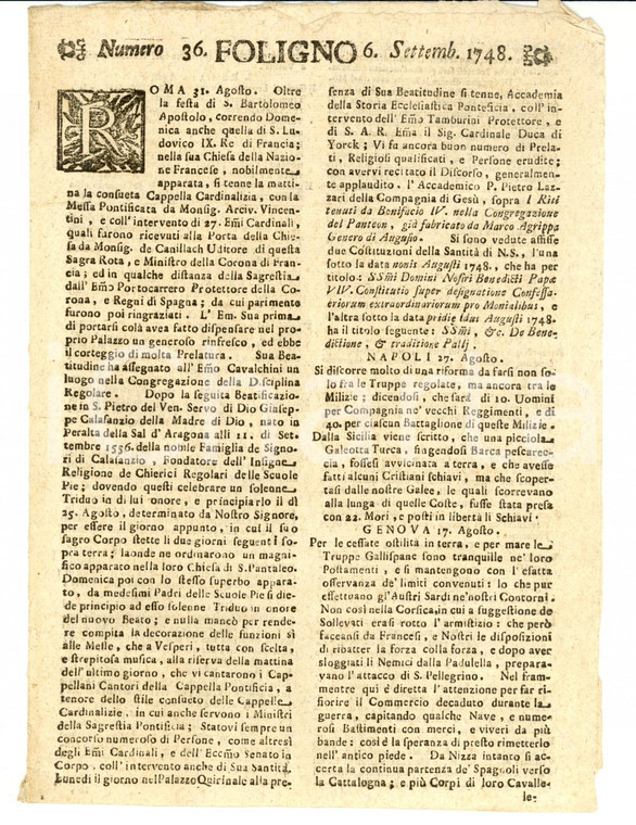 1748 Giornale di FOLIGNO n. 36 Neonati morti nell'alluvione del BRENTA