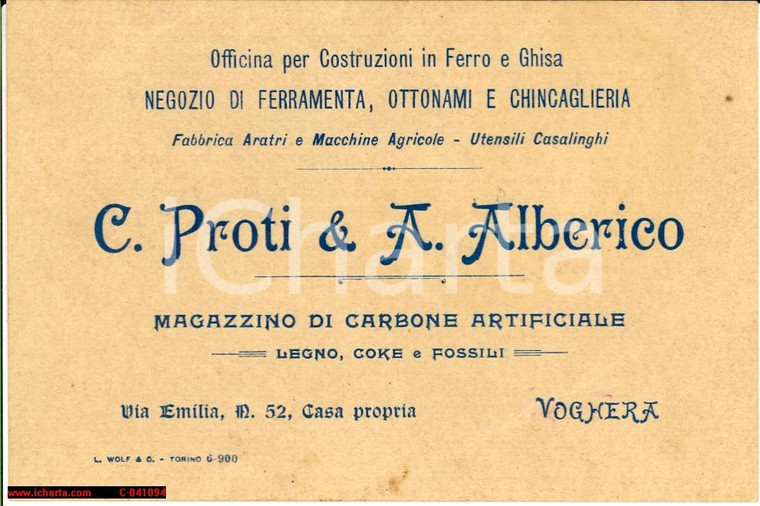 1902 VOGHERA (PV) C. PROTI & A. ALBERICO Legno e coke