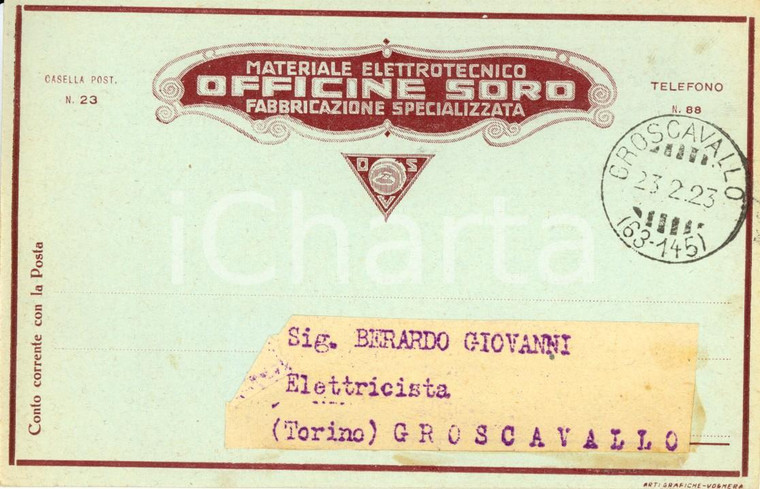 1923 GROSCAVALLO (TO) Officine SORO - Materiale elettrotecnico *Intestata FP VG