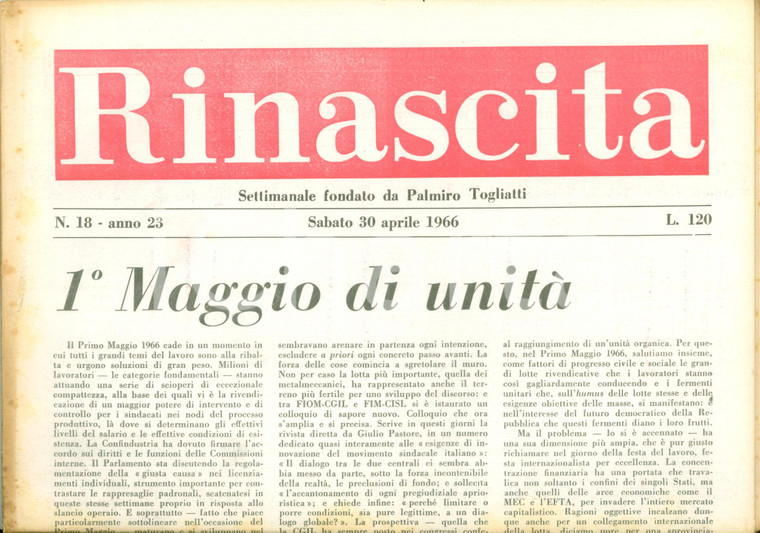1966 RINASCITA Luca PAVOLINI Giorno del PRIMO MAGGIO per l'unità dei Sindacati