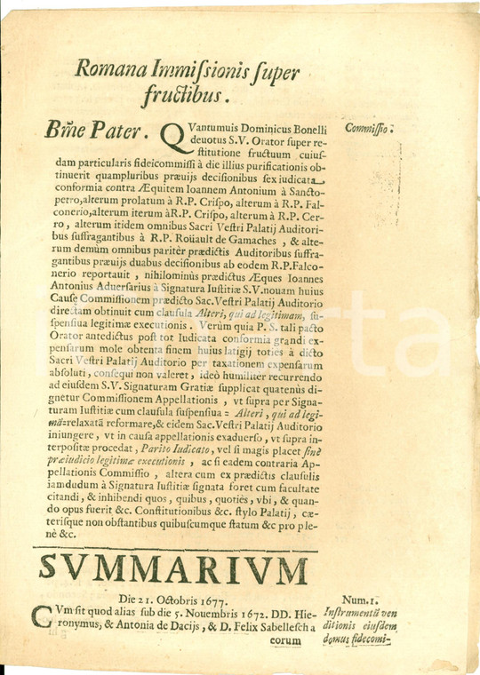 1720 ROMA Domenico BONELLI vs Giovanni Antonio SAMPIERI per frutti casa Estratti