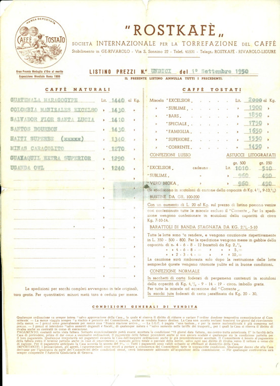 1950 GENOVA Rivarolo ROSTKAFE' Listino prezzi caffè  *LISTINO N. 11