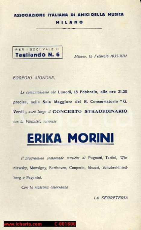 1935 MILANO Amici della Musica - Concerto violinista Erika MORINI *Volantino