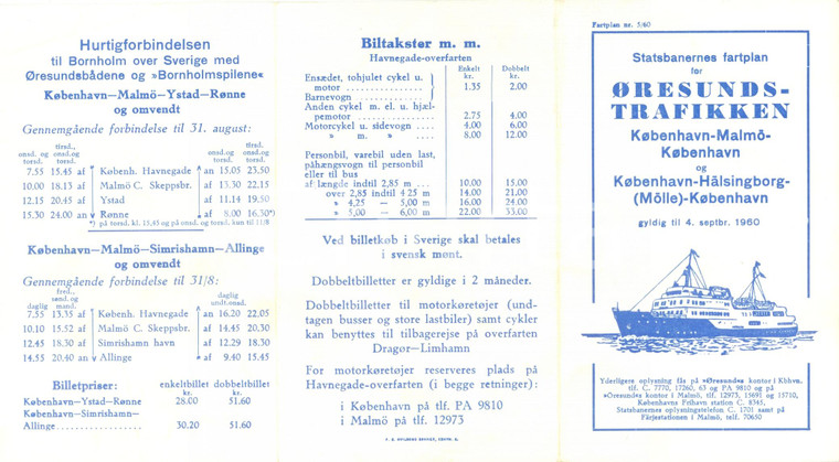 1960 COPENHAGEN (DENMARK) Orari ØRESUNDS-TRAFIKKEN traghetto MALMO HALSINGBORG