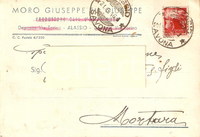 1946 ALASSIO (SV) Giuseppe MORO Produttore Olio d'oliva *Cartolina Commerciale