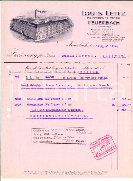 1914 FEUERBACH (D) Louis LEITZ Briefordner-fabrik *Fattura intestata