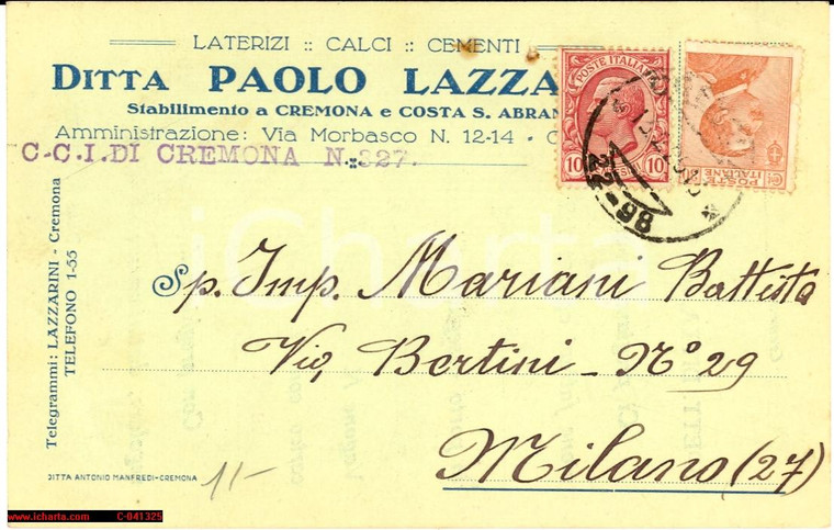 1926 CREMONA Ditta Paolo LAZZARINI Laterizi Calci FP VG