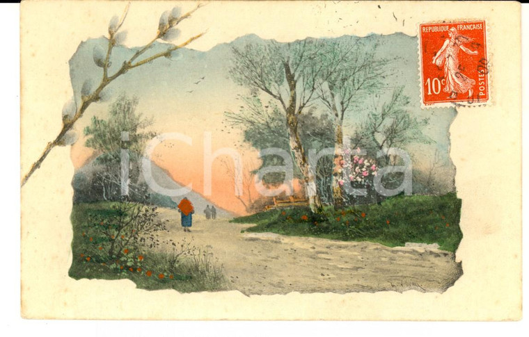 1909 FRANCE Cartolina artistica con scena di campagna in primavera