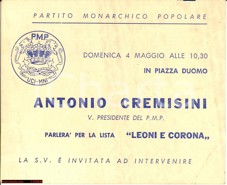 1955 PMP comizio Antonio CREMISINI lista Leoni e Corona