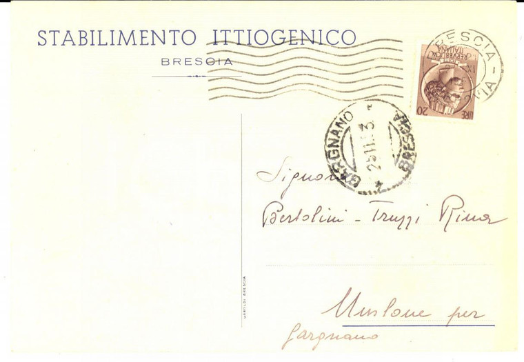1953 BRESCIA Cartolina postale intestata Stabilimento ITTIOGENICO FG VG