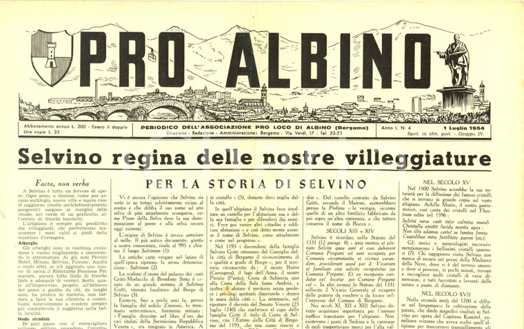 1954 PRO ALBINO Per la storia di SELVINO Costruzione nuova funivia *Giornale