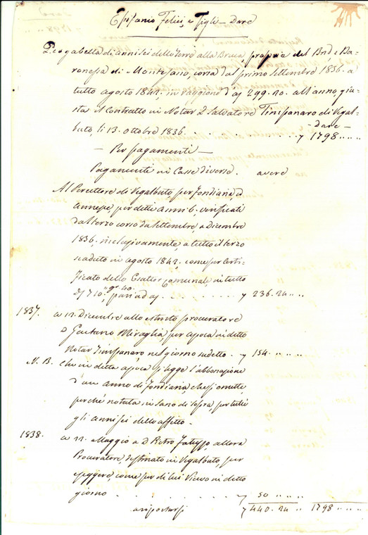 1836 REGALBUTO (EN) Pagamenti e cassa del gabellotto Epifanio FELICI e figli