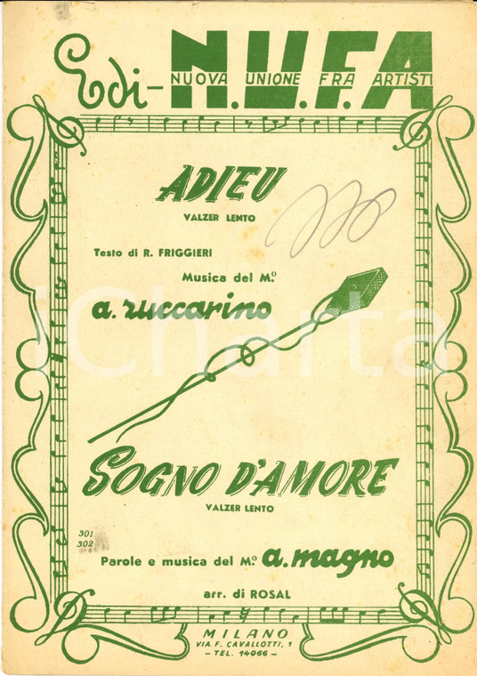 1950 FRIGGIERI - ZUCCARINO Adieu - MAGNO Sogno d'amore *Spartito