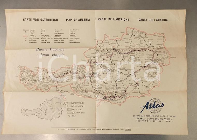 1955 ca Carta dell'AUSTRIA - Mappa VINTAGE - VIAGGI ATLAS MILANO