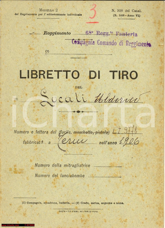 1932 GAETA 68° FANTERIA libretto di tiro Locati