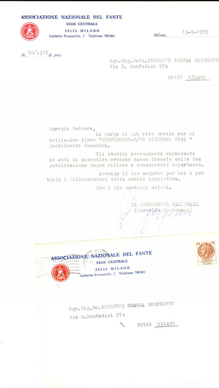 1975 MILANO Associazione Nazionale Fante - Lettera presidente Marcello MANTOVANI