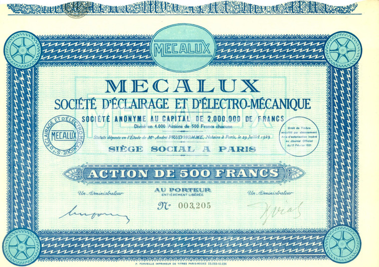1931 PARIS Mecalux Société d'Eclairage et d'Electro-Mécanique Action 500 Francs