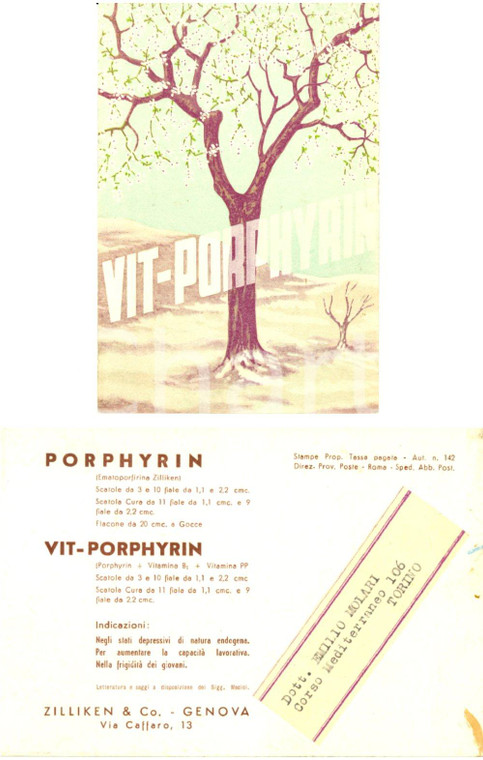 1930 ca GENOVA Farmaci ZILLIKEN & Co. VIT-PORPHYRIN *Pubblicitaria illustrata