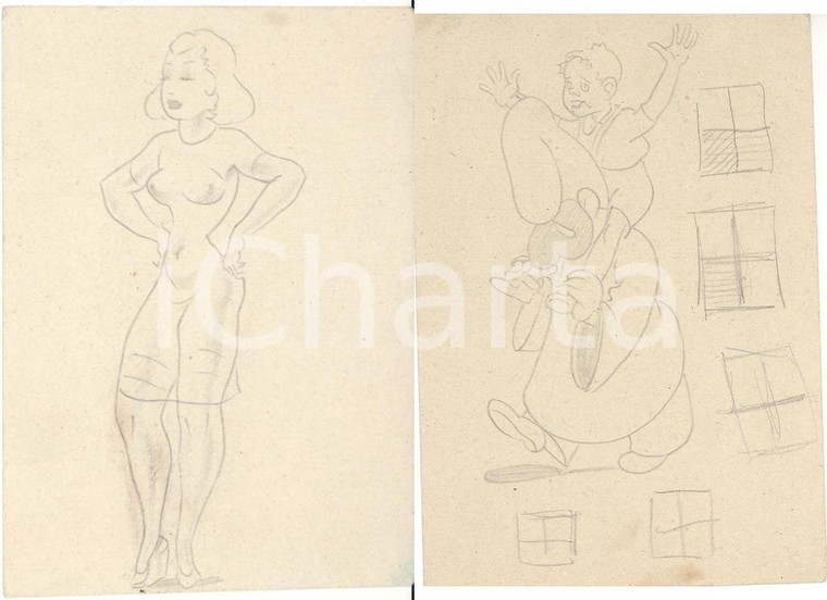 1945 MILANO BOZZETTI SATIRICI Donna in abito trasparente e bimbo con Pulcinella