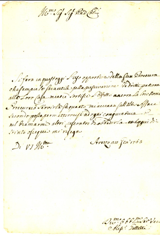 1763 AREZZO Mons. Alessandro GALLETTI annuncia l'uso di una procura *Autografo