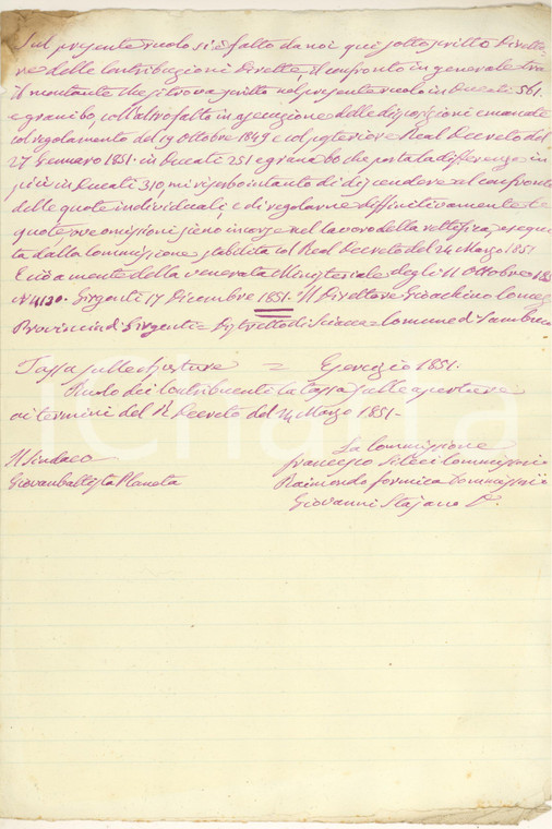 1851 AGRIGENTO Sindaco PLANETA - Censi per le finestre - Documento Atto del comune di Agrigento relativo all'applicazione della tassa sulle aperture e finestre per le abitazioni locali:``&hellip;sul presente ruolo si &egrave; fatto da noi qui sottoscritto direttore delle contribuzioni dirette il confronto generale&hellip; mi riserbo intanto di discendere al confronto delle quote individuali e di regolarne diffinitivamente le quote, ove omissioni sieno incorse nel lavoro della rettifica eseguita dalla commissione&hellip;''. Il documento riporta in calce le firme dei commissari Francesco Sileci, Raimondo Formica, Giovanni Stajacco e del sindaco Giambattista Planeta. Interessante testimonianza di storia locale.4 pagine (3 bianche)   FAIR/discreto lievi piegature d'epoca e brunitura al lato superiore Formato: 22x31 cm originale e autentica 1