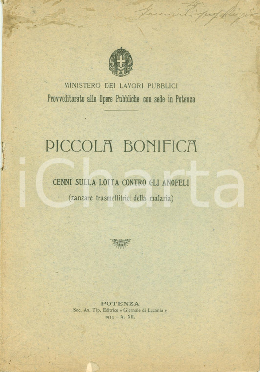 1934 POTENZA Piccola bonifica lotta contro anofele zanzare *ILLUSTRATO