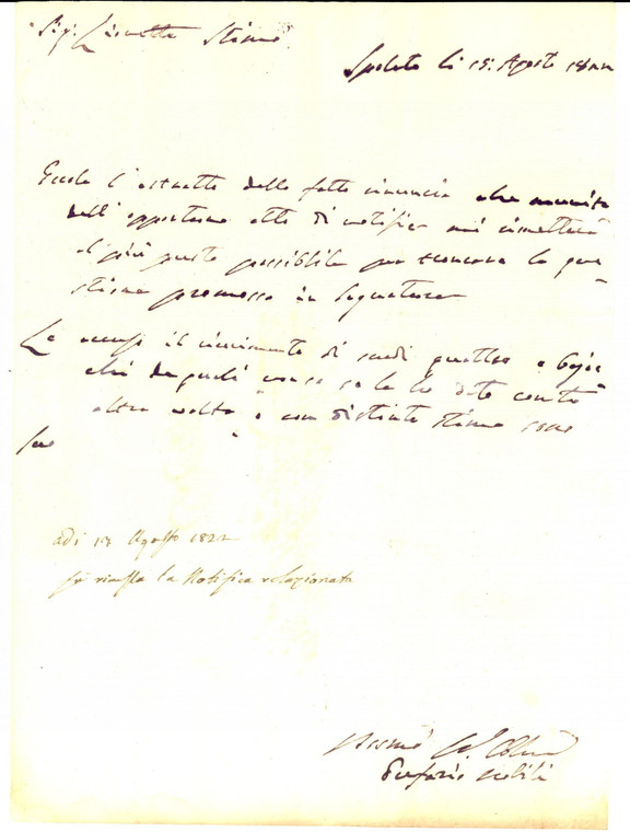 1822 SPOLETO (PG) Prefazio NOBILI sulla rimessa di una notifica - Lettera