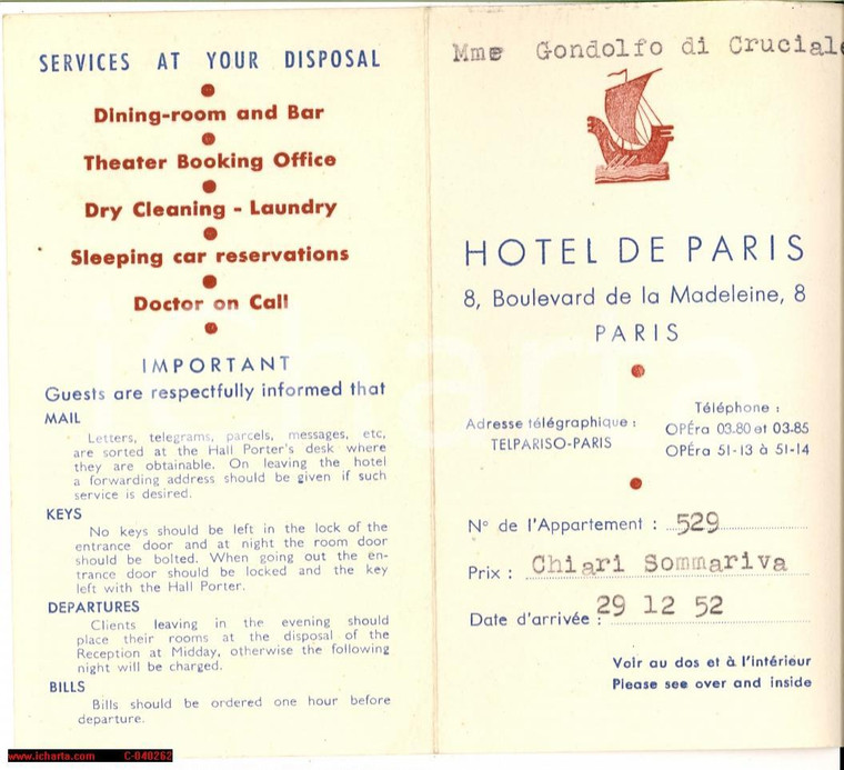 1952 PARIS Hotel de Paris Mme GONDOLFO di CRUCIALE