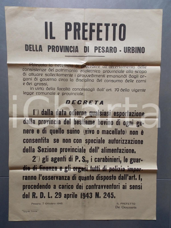 1946 PESARO Divieto di esportazione del bestiame bovino *Manifesto 50 x 70 cm
